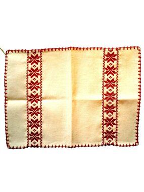 Vintage Embroidered Dresser Scarf Table Mat 16 x 12 Red Ecru Farm Boho Exotic